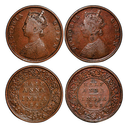 Victoria Queen, Copper, Half Anna, (2 coins), 1862, Madras Mint, A/I, Smugged type flowers