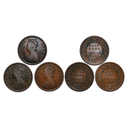 Victoria Queen, Copper, Half Anna, (3 coins), 1862, Madras Mint, 1 & 2) A/I, Smugged type 