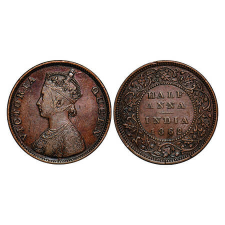Victoria Queen, Copper, Half Anna, 1862, Madras Mint, A/I(i), Flowers wih 5 dots around a 