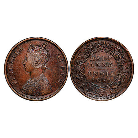 Victoria Queen, Copper, Half Anna, 1862, Madras Mint, A/I(i), Flowers wih 5 dots around a 