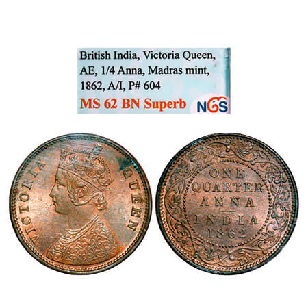 Victoria Queen, Copper, Quarter Anna, 1862, Madras Mint, A/I, No mint mark. GK 399. NGC Sl
