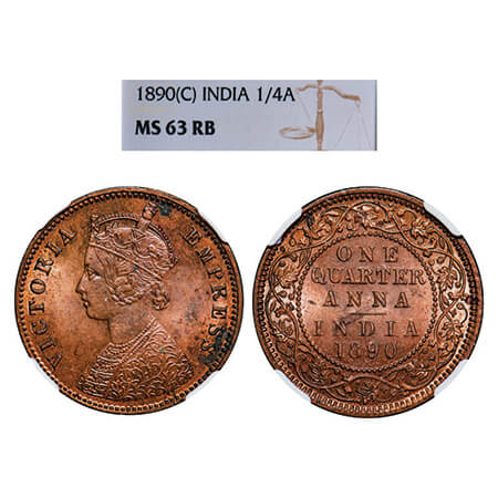 Victoria Empress, Copper, Quarter Anna, 1890, Calcutta Mint, B/II, No mint mark. GK 849. N