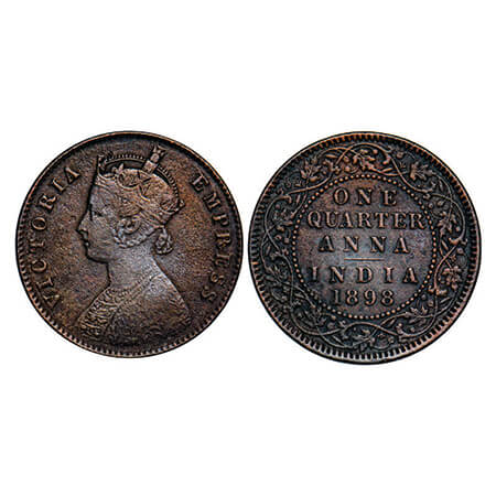 Victoria Empress, Copper, Quarter Anna, 1898, Calcutta Mint, B/II, No mint mark. GK 857. V