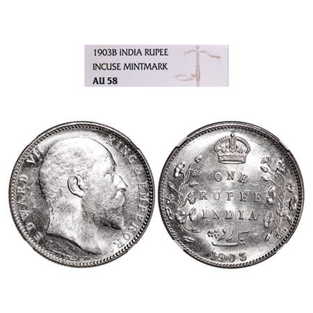 Edward VII, Silver, Rupee, 1903, Bombay Mint, 'B' incused and Dot. GK 926. NGC Slabbed AU 