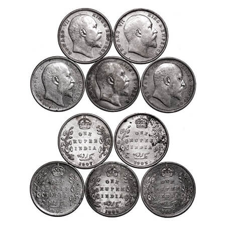 Edward VII, Silver, Rupee, (5 coins), 1) 1903, Bombay Mint, 'B' incused and dot, 2) 1905, 