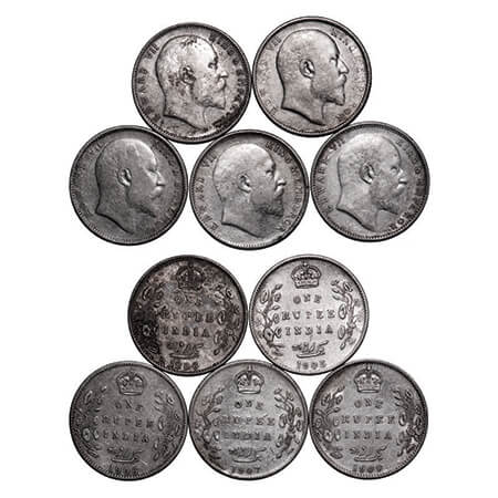 Edward VII, Silver, Rupee, (5 coins), 1) 1905, Bombay Mint, 'B' incused and dot, Top strok