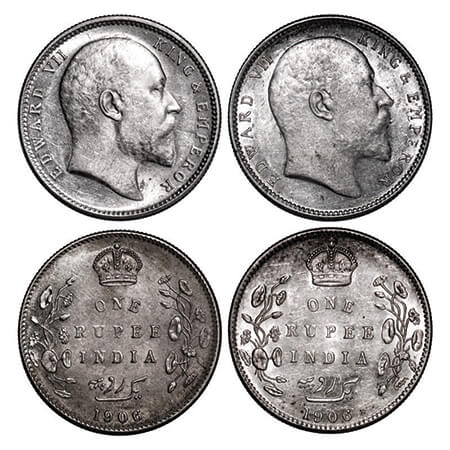 Edward VII, Silver, Rupee, (2 coins), 1906, 1) Calcutta Mint, No mint mark, 2) Bombay int,