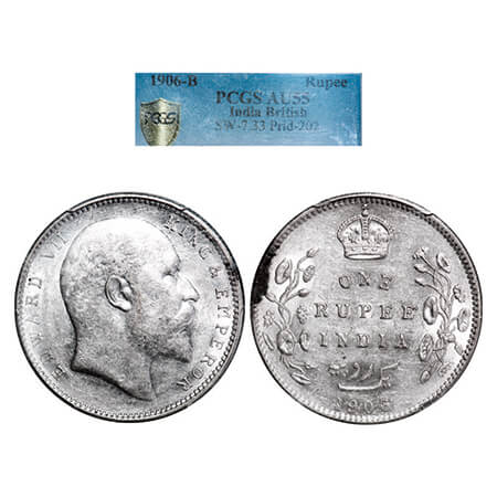 Edward VII, Silver, Rupee, 1906, Bombay Mint, 'B' incused and Dot. GK 940. PCGS Slabbed AU