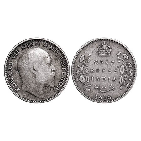Edward VII, Silver, Half Rupee, 1910, Bombay Mint, 'B' incused and dot. GK 970. Almost Ver