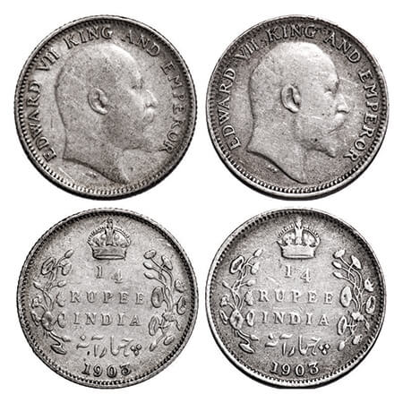 Edward VII, Silver, 1/4 Rupee, (2 coins), 1903, Calcutta Mint, No mint mark. GK 972. Very 