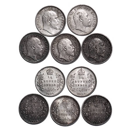 Edward VII, Silver, 1/4 Rupee, (Lot of 5 coins), 1903, 1904, 1905, 1907, 1910, Calcutta Mi