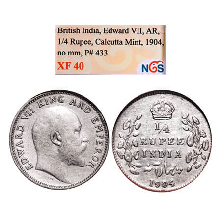 Edward VII, Silver, 1/4 Rupee, 1904, Calcutta Mint, No mint mark. GK 973. NGS Slabbed XF 4