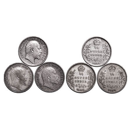 Edward VII, Silver, 1/4 Rupee, (3 coins), 1904, Calcutta Mint, No mint mark. GK 973. Very 