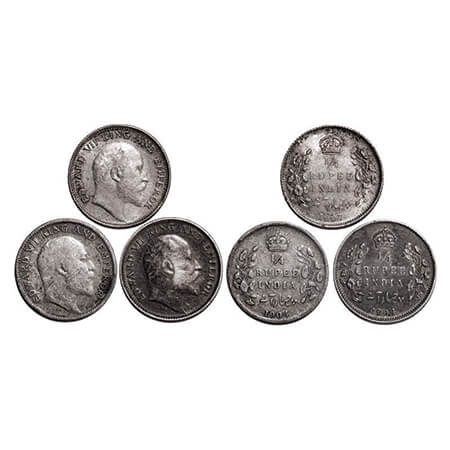 Edward VII, Silver, 1/4 Rupee, (3 coins), 1904 (2) one coin has numeral '0' broken, 1907, 