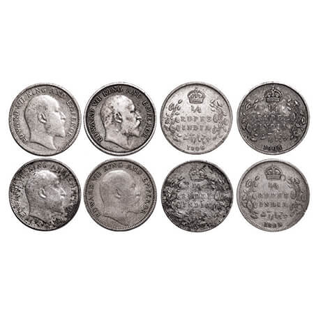 Edward VII, Silver, 1/4 Rupee, (4 coins), 1905, Calcutta Mint, No mint mark. GK 974. Very 