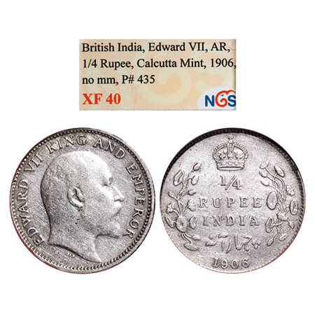 Edward VII, Silver, 1/4 Rupee, 1906, Calcutta Mint, No mint mark. GK 975. NGS Slabbed XF 4