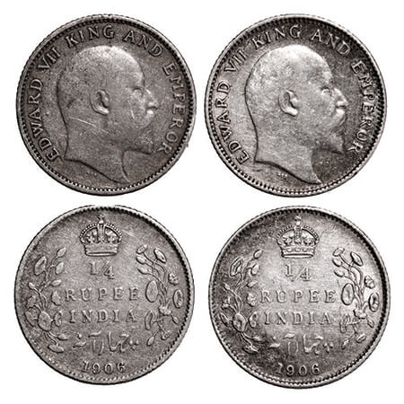 Edward VII, Silver, 1/4 Rupee, (2 coins), 1906, Calcutta Mint, No mint mark. GK 975. Very