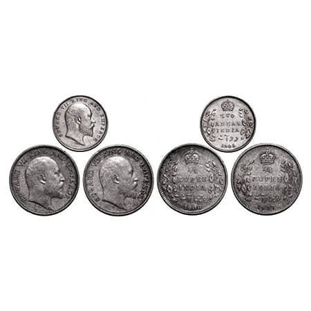 Edward VII, Silver, 1/4 Rupee & 2 Annas, (3 coins), 1 & 2) 1906, 1907, Calcutta Mint, No m