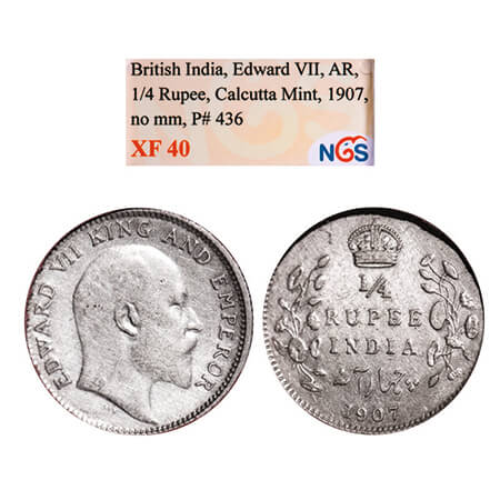 Edward VII, Silver, 1/4 Rupee, 1907, Calcutta Mint, No mint mark. GK 976. NGS Slabbed XF 4