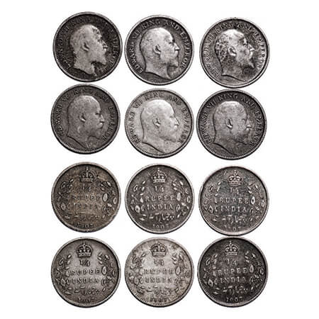 Edward VII, Silver, 1/4 Rupee, (6 coins), 1907, Calcutta Mint, No mint mark. GK 976. Very 