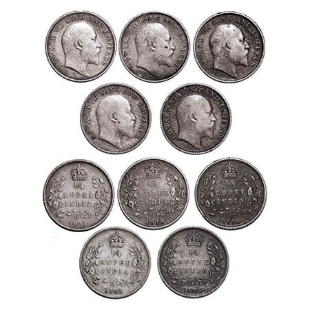 Edward VII, Silver, 1/4 Rupee, (5 coins), 1908, Calcutta Mint, No mint mark. GK 977. Very 