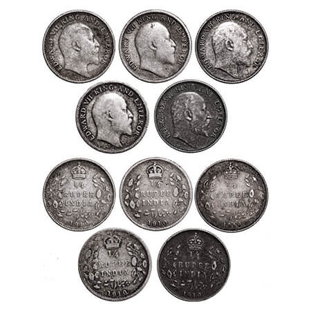 Edward VII, Silver, 1/4 Rupee, (5 coins), 1910, Calcutta Mint (3 coins), No mint mark, Bom