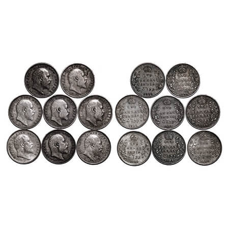 Edward VII, Silver, 2 Annas, (Lot of 8 coins), Calcutta Mint, 1903, 1904, 1905, 1906, 1907