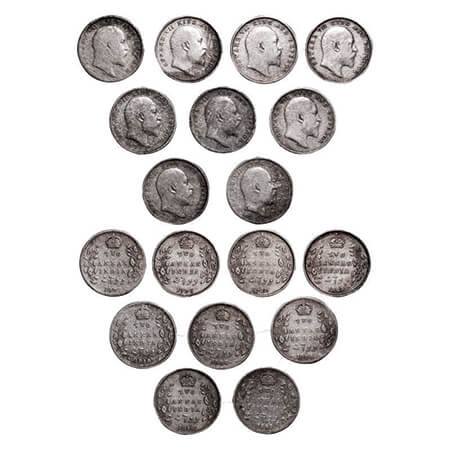 Edward VII, Silver, 2 Annas, (lot of 9 coins), 1903, 1904 (2), 1906 (2), 1907, 1910 (3), C