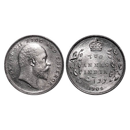 Edward VII, Silver, 2 Annas, 1904, Calcutta Mint, No mint mark. GK 981. Uncirculated. Very
