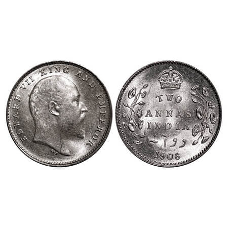 Edward VII, Silver, 2 Annas, 1906, Calcutta Mint, No mint mark. GK 983. Uncirculated. Very