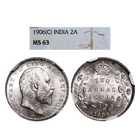 Edward VII, Silver, 2 Annas, 1906, Calcutta Mint, No mint mark. GK 983. NGC Slabbed MS 63.