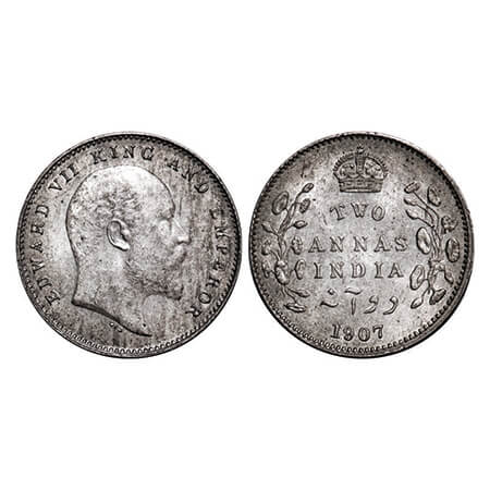Edward VII, Silver, 2 Annas, 1907, Calcutta Mint, No mint mark. GK 984. Almmost Uncirculat