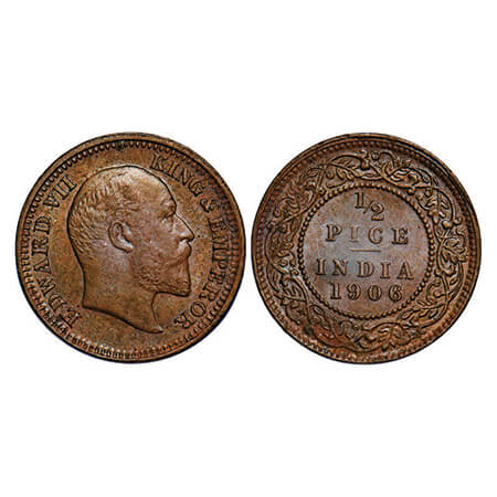 Edward VII, Copper, 1/2 Pice, 1906, 3.26g, Calcutta Mint, No mint mark. GK 1006. Almost Un
