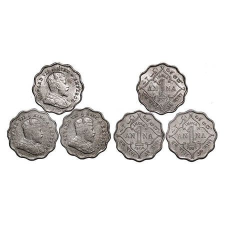 Edward VII, Copper-Nickel, 1 Anna, (3 coins), 1907, 1908, 1910, Bombay Mint, 'B' incused. 
