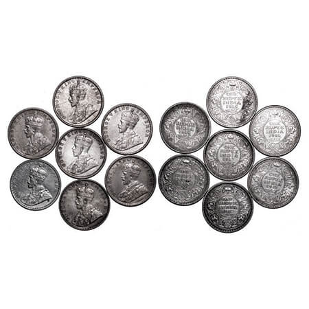 George V, Silver, Rupee, (Lot of 7 coins), 1912, 1913, 1915, 1916, 1917, Bombay Mint, Dot,