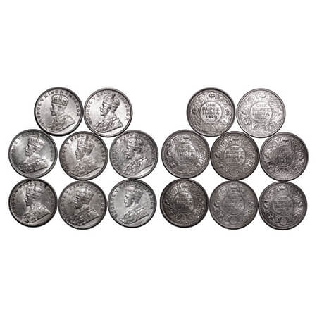 George V, Silver, Rupee, (Lot of 8 coins), 1) 1913, Calcutta Mint, No dot, 2) 1916, Calcut