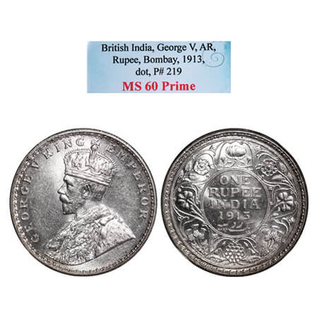 George V, Silver, Rupee, 1913, Bombay Mint, Dot, Elephant. GK 1028. NGS Slabbed MS 60 Prim