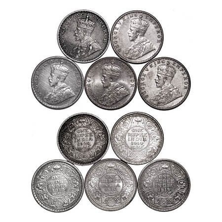 George V, Silver, Rupee, (5 coins), 1) 1916, Bombay Mint, Dot, 2) 1919, Calcutta Mint, Dot