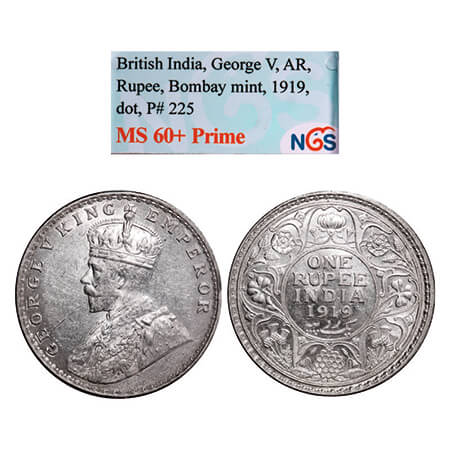 George V, Silver, Rupee, 1919, Bombay Mint, Dot. GK 1040. NGS Slabbed MS 60+ Prime. Scarce