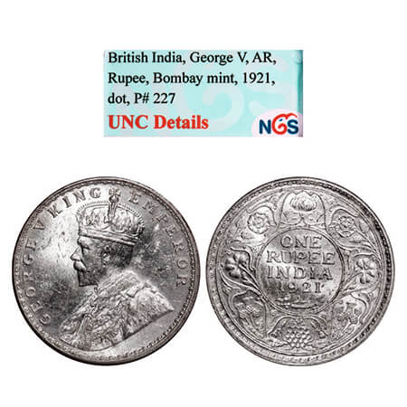 George V, Silver, Rupee, 1921, Bombay Mint, Dot. GK 1043. NGS Slabbed UNC Details. Very Sc