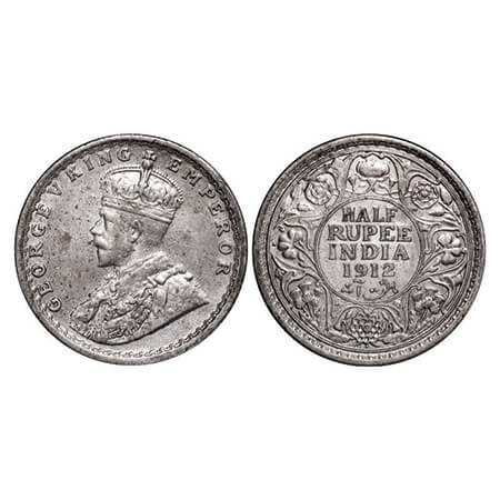 George V, Silver, Half Rupee, 1912, Calcutta Mint, No dot, Re-drawn Elephant. GK 1046. Abo