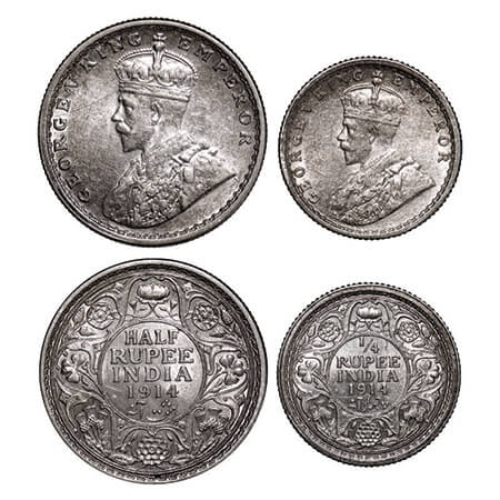 George V, Silver, Half Rupee & 1/4 Rupee, (2 coins), 1914, 1) Bombay Mint, Dot, 2) Calcutt