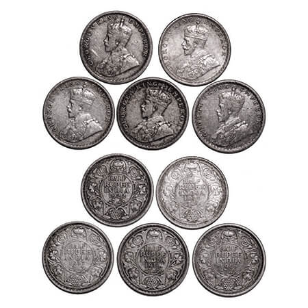 George V, Silver, Half Rupee, (5 coins), 1) 1916, Calcutta Mint, No dot, 2) 1916, Bombay M