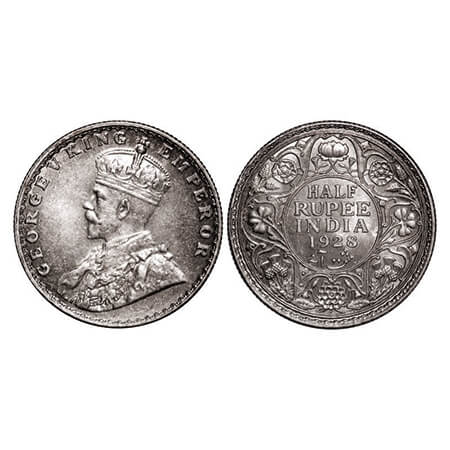 George V, Silver, Half Rupee, 1928, Bombay Mint, Dot. GK 1070. Uncirculated, Toned. Scarce