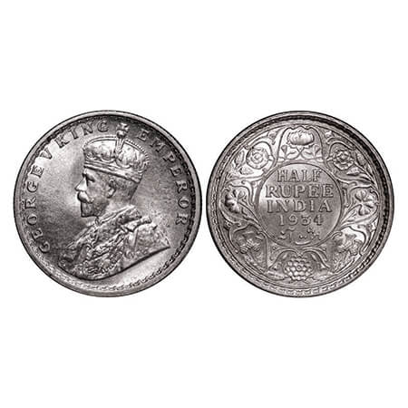 George V, Silver, Half Rupee, 1934, Calcutta Mint, No dot. GK 1074. Uncirculated. Scarce.