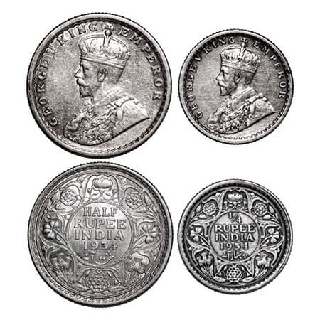 George V, Silver, Half Rupee & 1/4 Rupee, (2 coins), 1934, Calcutta Mint, No dot. GK 1074,
