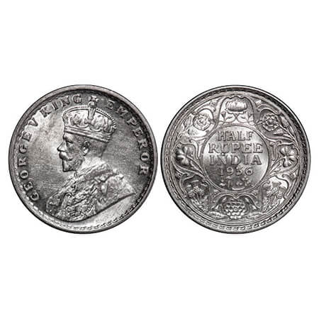 George V, Silver, Half Rupee, 1936, Calcutta Mint, No dot. GK 1075. Uncirculated. Scarce.