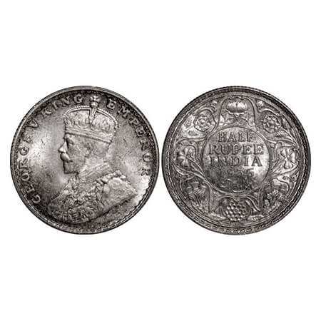 George V, Silver, Half Rupee, 1936, Bombay Mint, Dot. GK 1076. Uncirculated. Scarce.