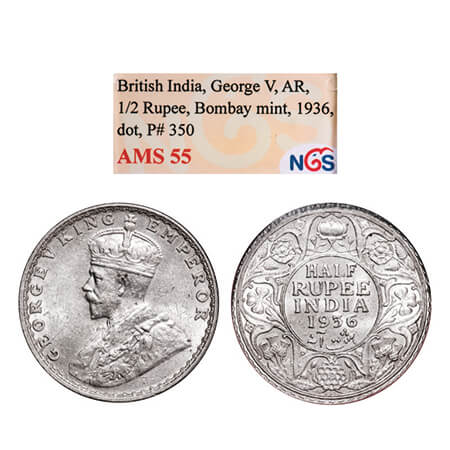 George V, Silver, Half Rupee, 1936, Bombay Mint, Dot. GK 1076. NGS Slabbed AMS 55. Scarce.