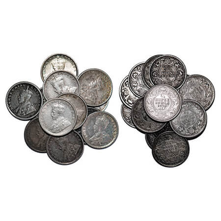 George V, Silver, 1/4 Rupee, (Lot of 14 coins), Calcutta Mint, 1912, 1913, 1915, 1916, 191